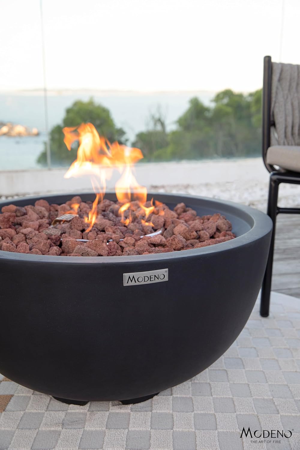 AMS Fireplace | Modeno Jefferson Package | Black Natural Gas Fire Pit Table for Outside Patio Bundle with SS Burner Lid | Free Ice Bucket