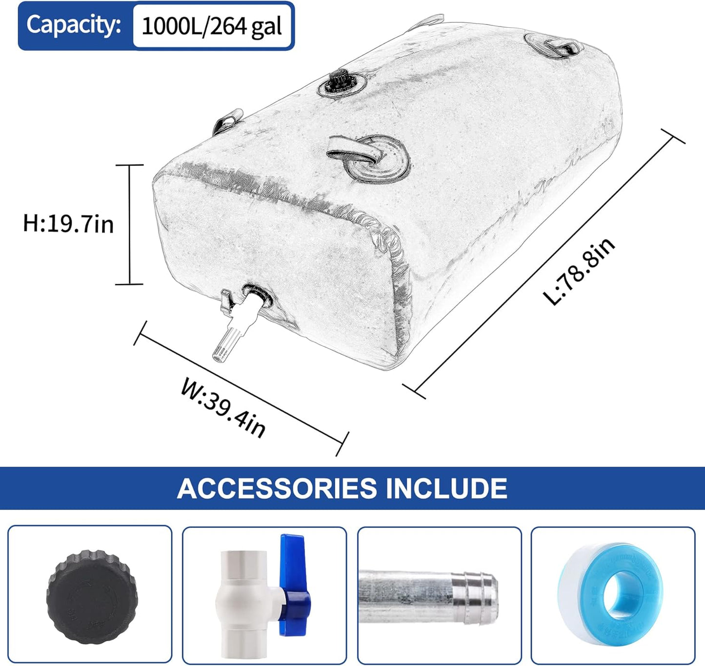 1000 L/264 Gal Water Bladder Tank, Foldable Portable Water Storage Container, Emergency Water Bag for RV, Truck Bed, Fire Prevention, Drought Resistance, Blue