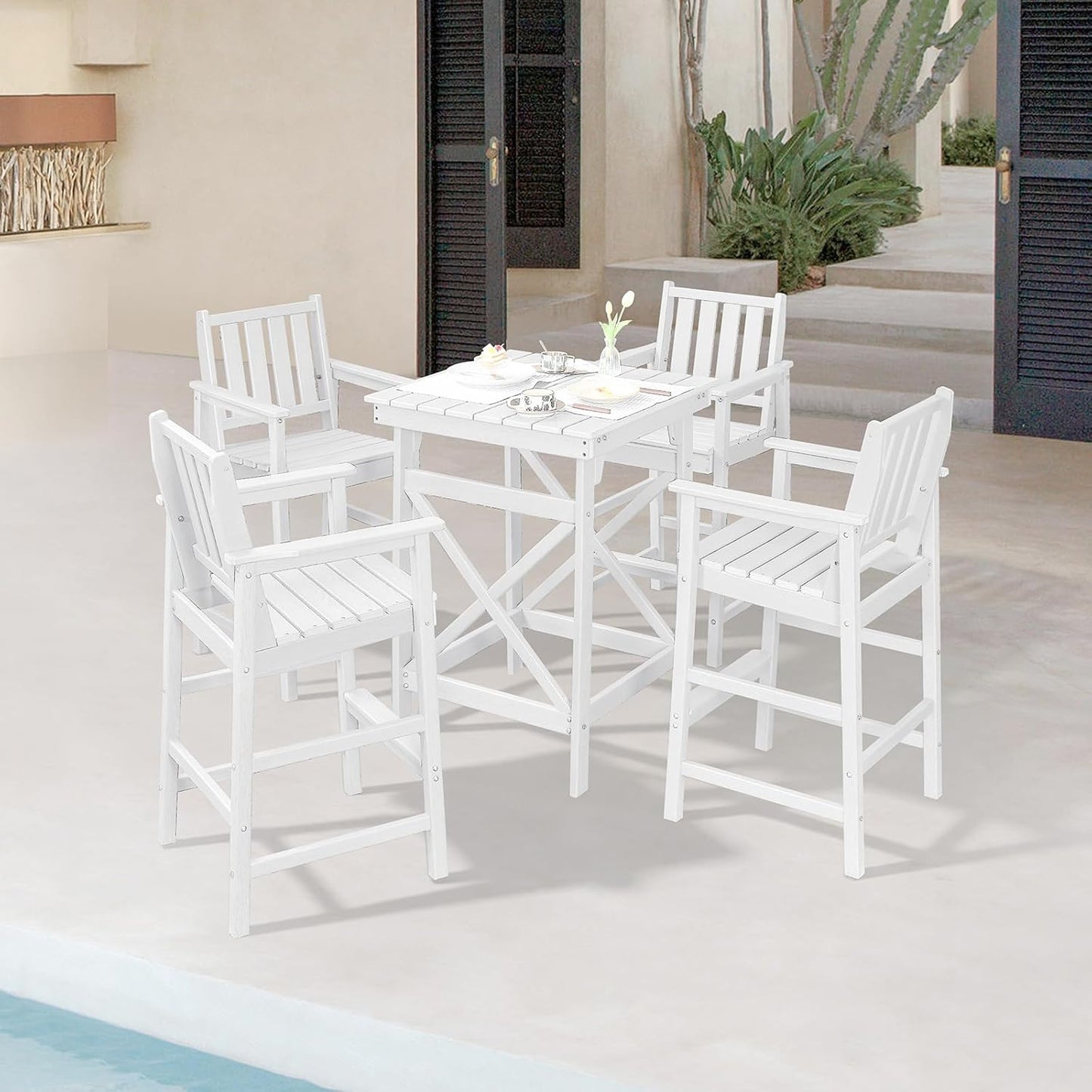 5 Pieces Adirondack Bar Chairs Set, HDPE Patio Bar Height Table and Chairs, Tall Adirondack Outdoor Bar Stools Set, HDPE Patio Bar Sets Furniture for Garden, Poolside, Bistro, Pearl