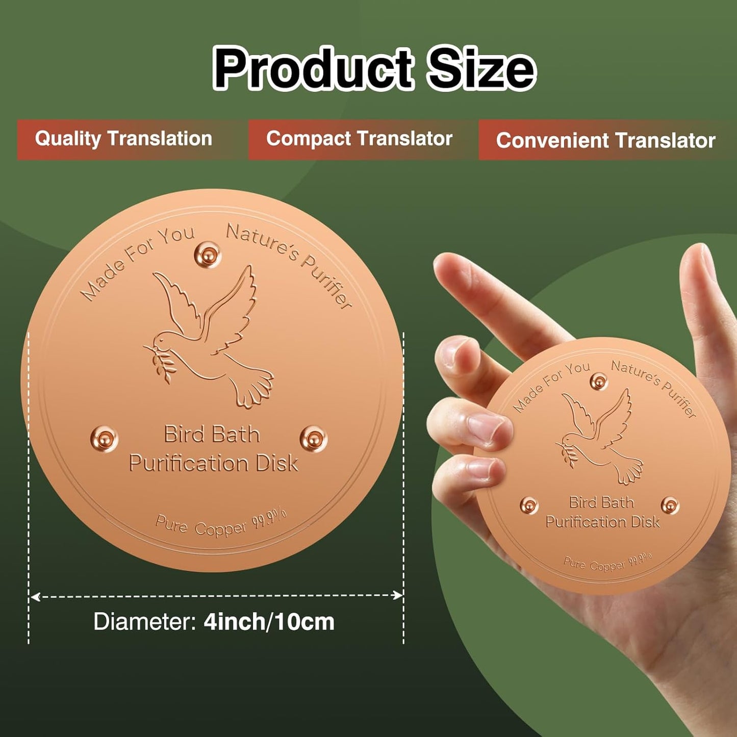 Bird Bath Copper Plate Disk 99.99% Pure Copper Cleaning Disk Stable Triple-Point Support Outdoor Bird Bowl, Pure Copper Bird Bath Purification Tray, Suitable for All Seasons
