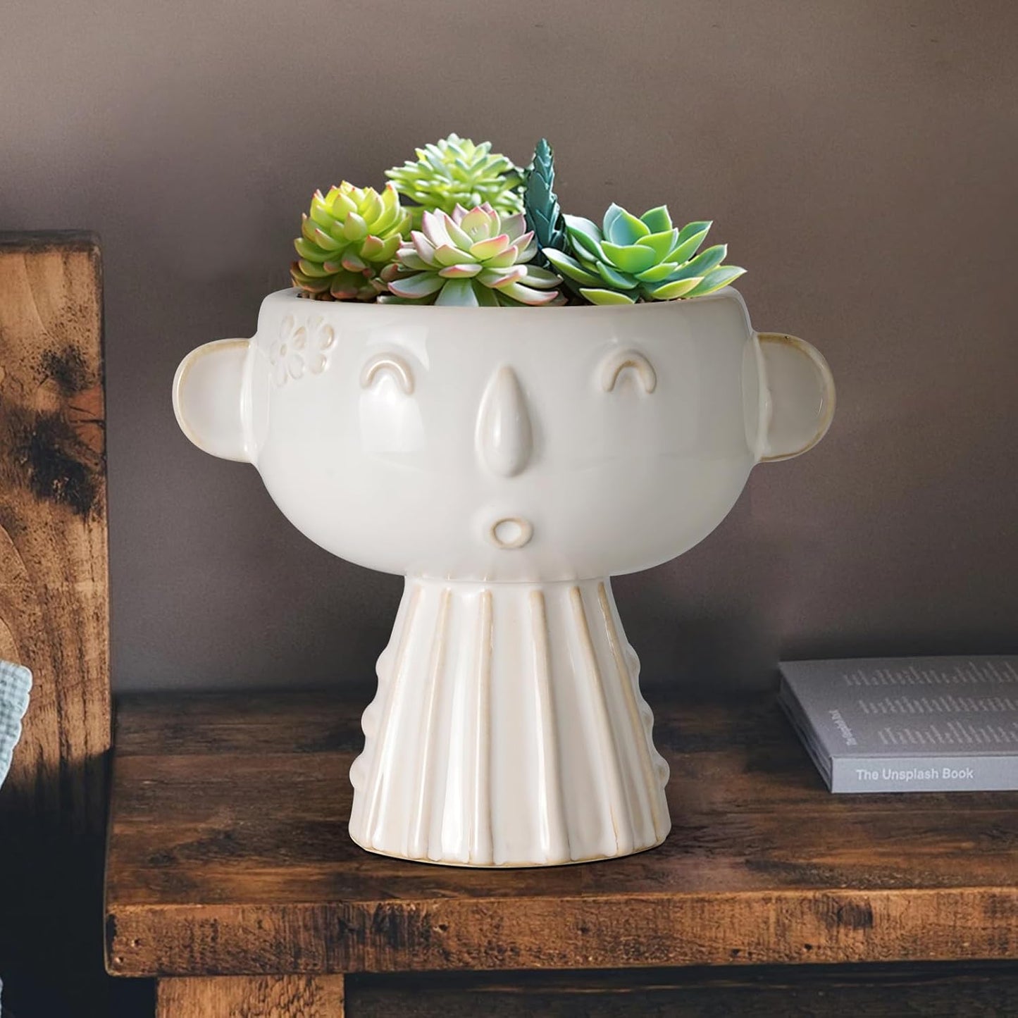 Face Planter Pot 7 Inch - Cute Ceramic Flower Head Planter for Indoor Outdoor Succulent Pot with Drainage Hole Flower Pot Present for Mother Christmas White