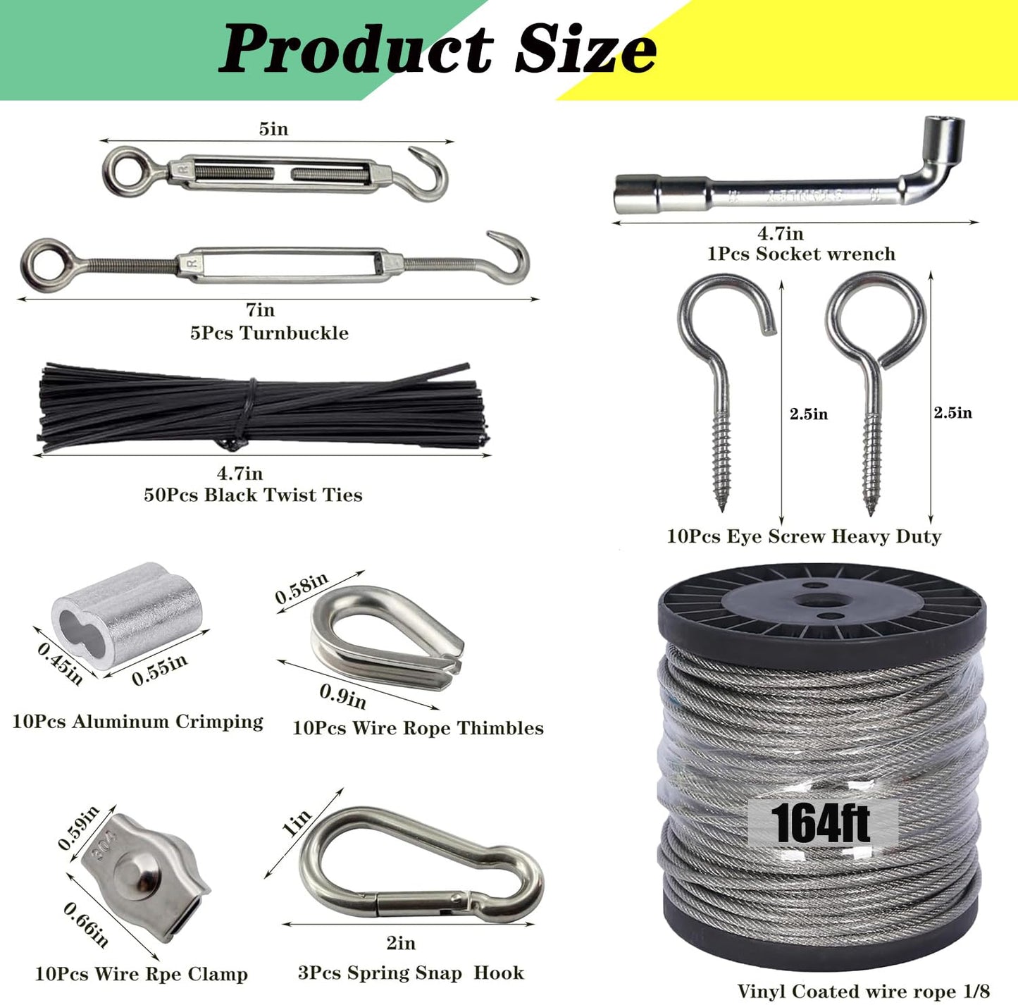 1/8" Wire Rope Kit with M5 Turnbuckles - 164FT Vinyl Coated Stainless Steel Cable, 7x7 Braided Strands Aircraft Cable for Climbing Plants, Outdoor String Lights Hanging