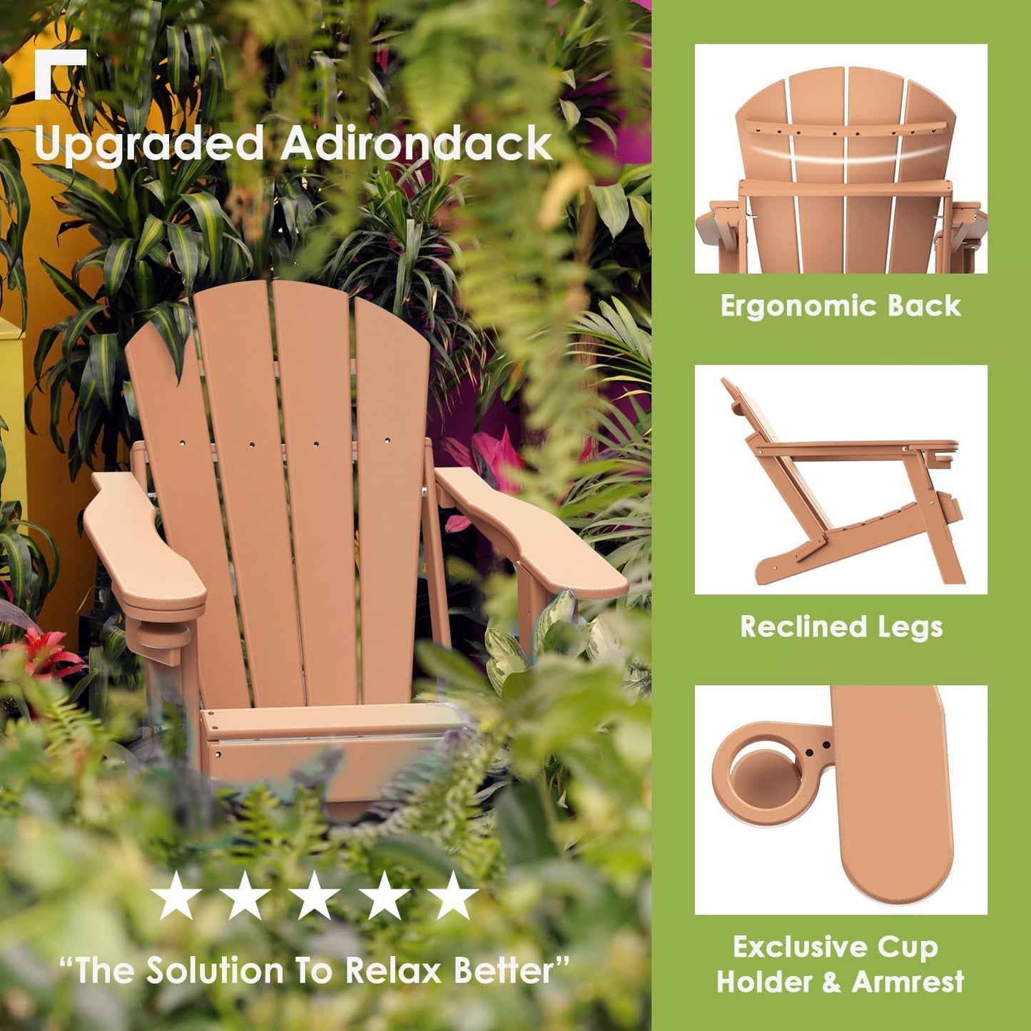 GREENVINES Folding-Adirondack-Chairs-Set-of-4 | HDPE Plastic | Fire Pit Chair | All Weather | Cup Holder | Teak | for Deck Backyard Patio Outdoor Garden