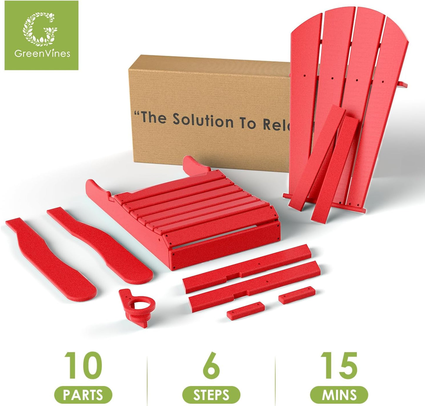 GREENVINES Folding-Adirondack-Chairs-Set-of-6 | HDPE Plastic | Fire Pit Chair | All Weather | Cup Holder | Red | for Deck Backyard Patio Outdoor Garden