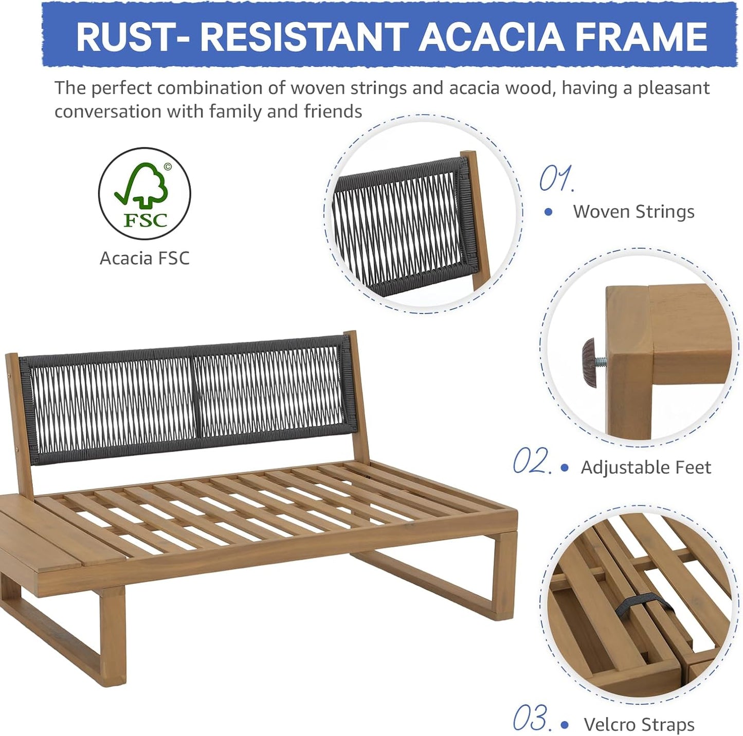 Soleil Jardin 4 Piece Acacia Wood Patio Furniture L-Shaped Outdoor Sectional Sofa Set with Coffee Table, FSC Certified Conversation Set with Built-in Side Table and Cream White Cushions for Garden