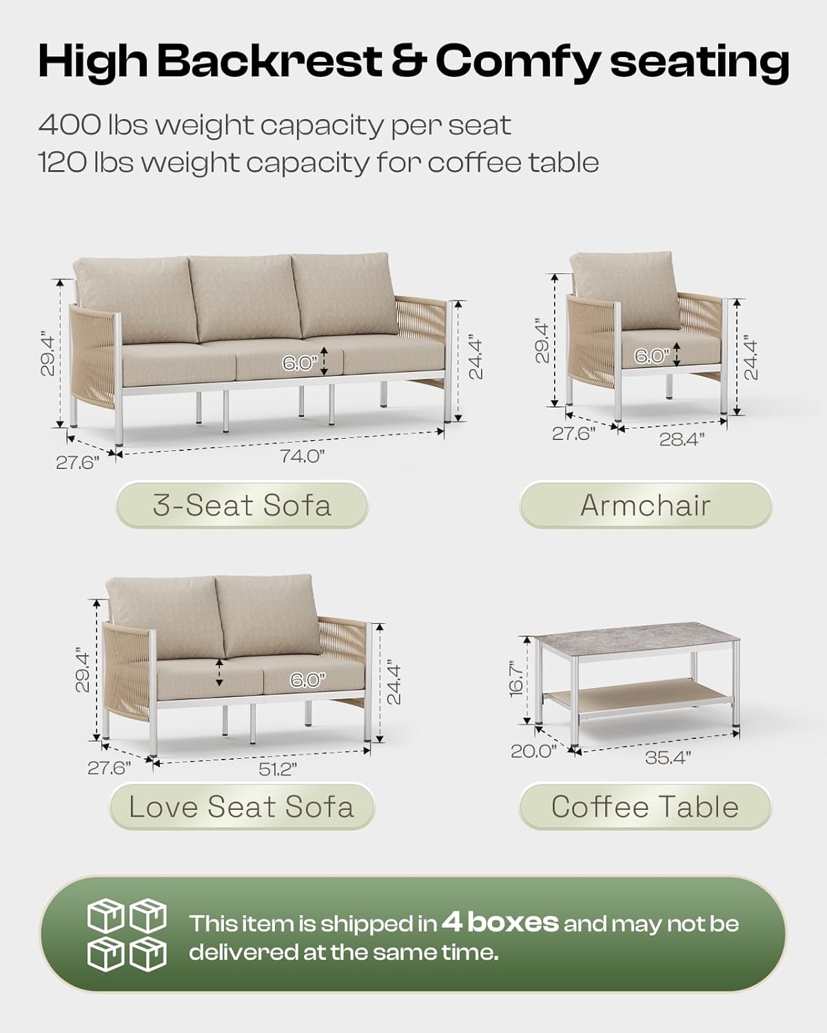 Aluminum Outdoor Sofa Armchair, HDPE Rope Patio Couch with Washable Thick Cushion, All-Weather Outdoor Patio Chairs Set of 2 for Balcony, Yard, Silver Frame, Beige