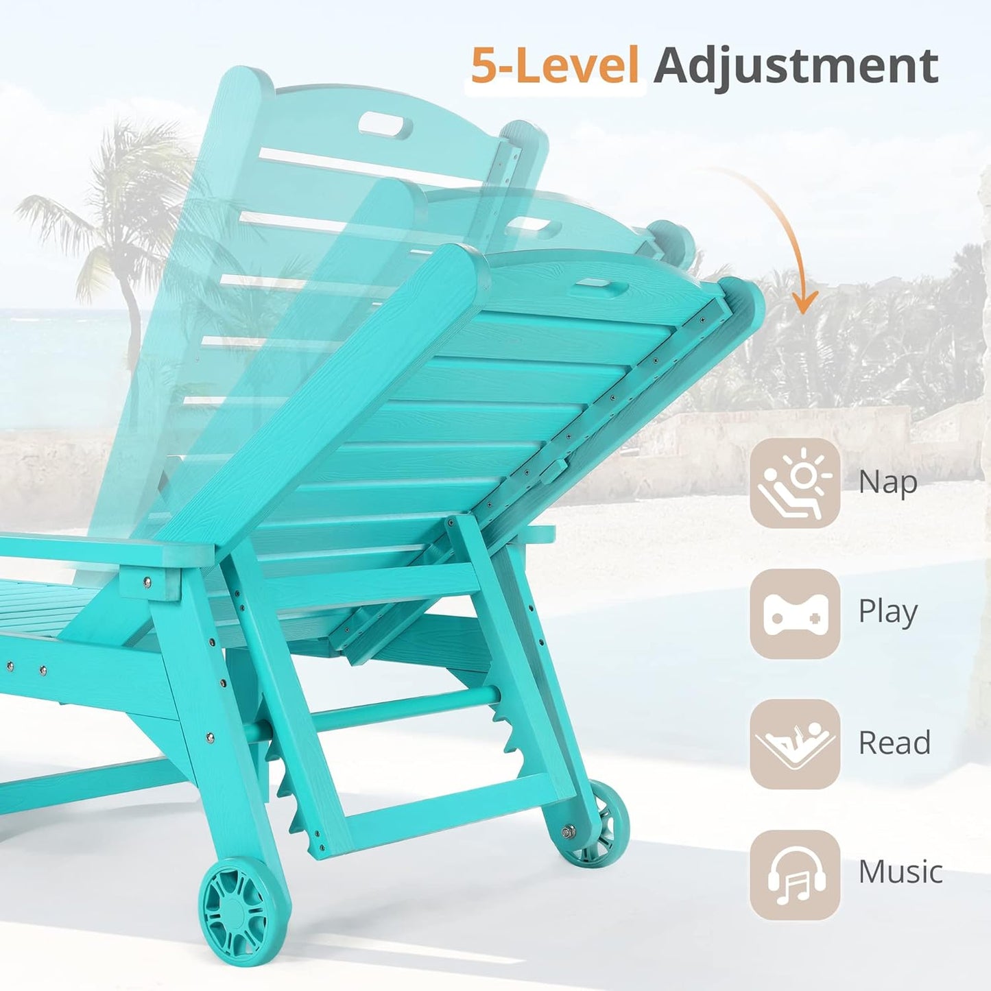 LUE BONA Chaise Lounge Chair with Table, 2-Piece, 79'' Oversized HDPS Chaise Lounger, 5 Positions Adjustable Lounge Chairs, Pool Lounge Chair with Wheels for Poolside, 3 Year Warranty, Aruba Blue
