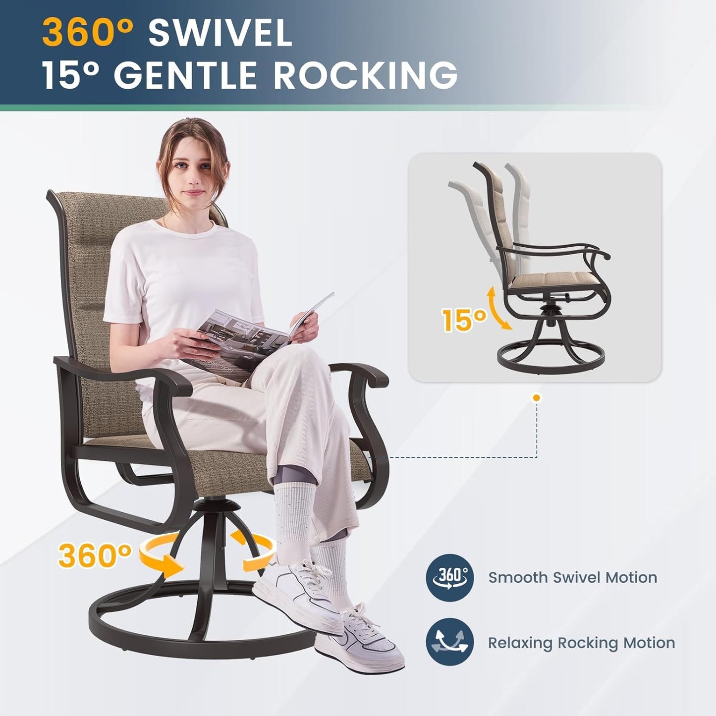 Amopatio Padded Patio Swivel Chairs Set of 6, Outdoor Dining Chairs with Ultra Soft Textilene High Back Seat & Metal Rocker Frame, for Backyard Deck Lawn Garden, Brown