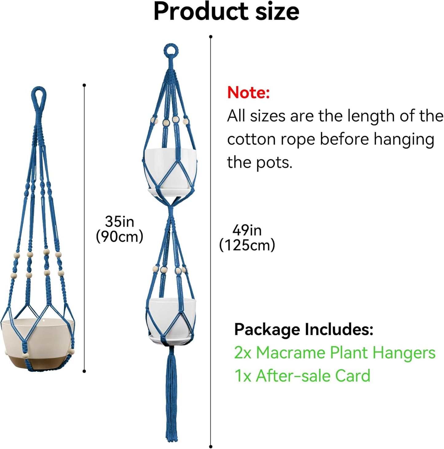 USLAI Macrame Plant Hanger Indoor Outdoor, Up to 4-15 inch Pot, Heavy 20lb Planters, Extra Long Strong Hanging Planter Basket Holder, Boho Home Decor, 35+49 Inch, Blue (POTS NOT Included)