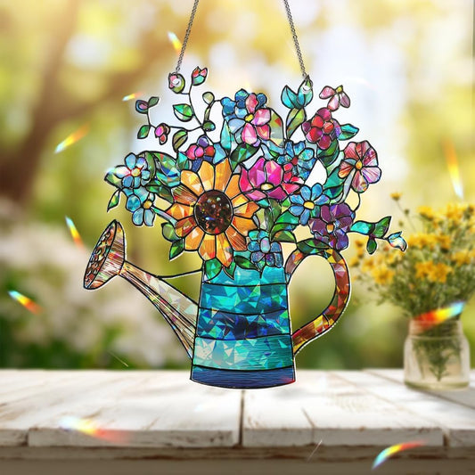 Sunflower Watering Can Suncatcher – Stained Glass Floral Ornament, Window Hanging Sun Catchers for Kitchen, Garden and Home Christmas Decoration