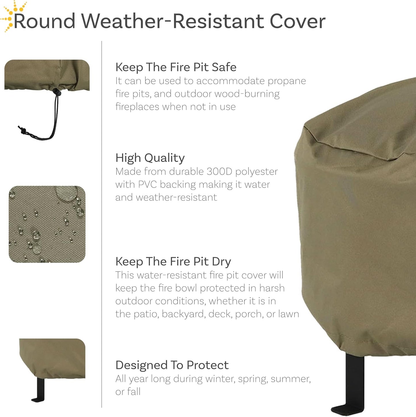 Sunnydaze Round Outdoor Fire Pit Cover - Heavy-Duty 300D Polyester and PVC with Drawstring Closure - Khaki - 48-Inch