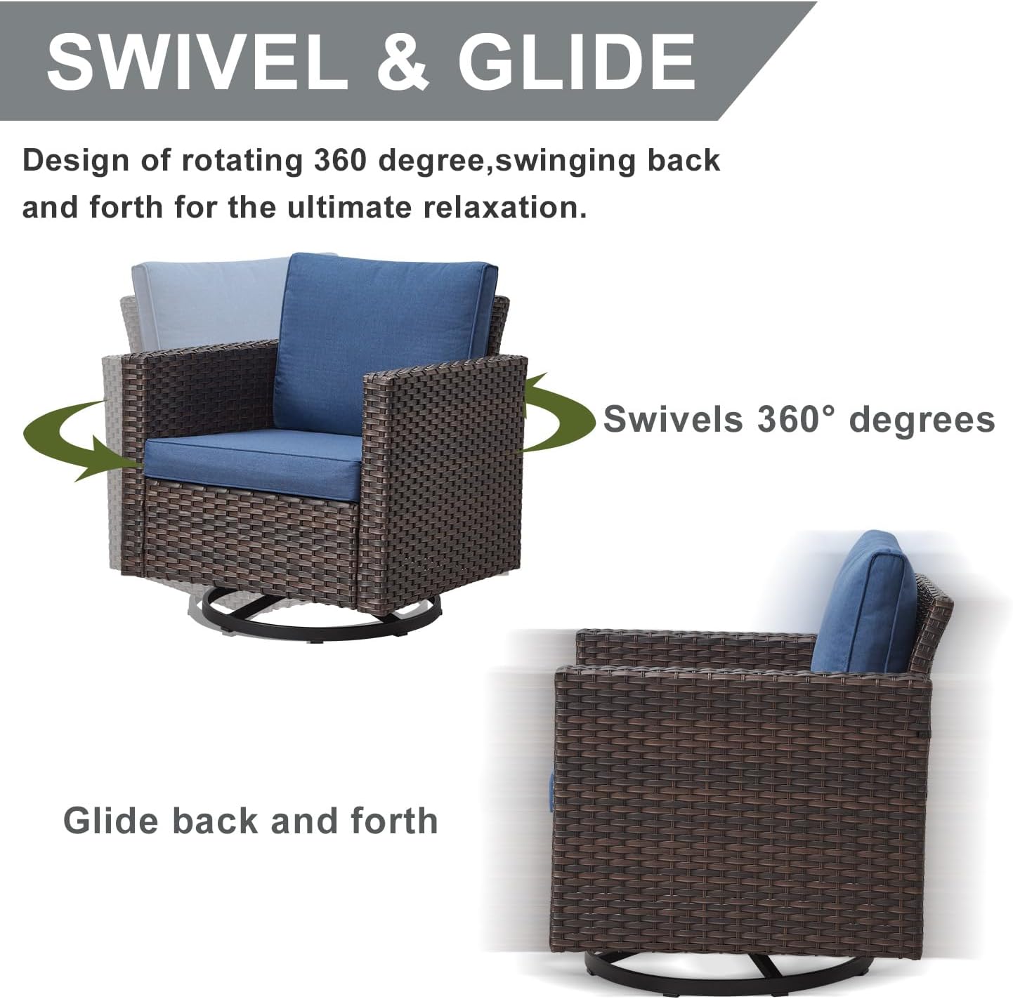 HUMMUH 7 Piece Patio Furniture Set Outdoor Sectional Sofa,High Back Patio Swivel Rocker Chairs with Ottomans Coffee Table for Porch,Garden,Backyard(Brown/Blue)