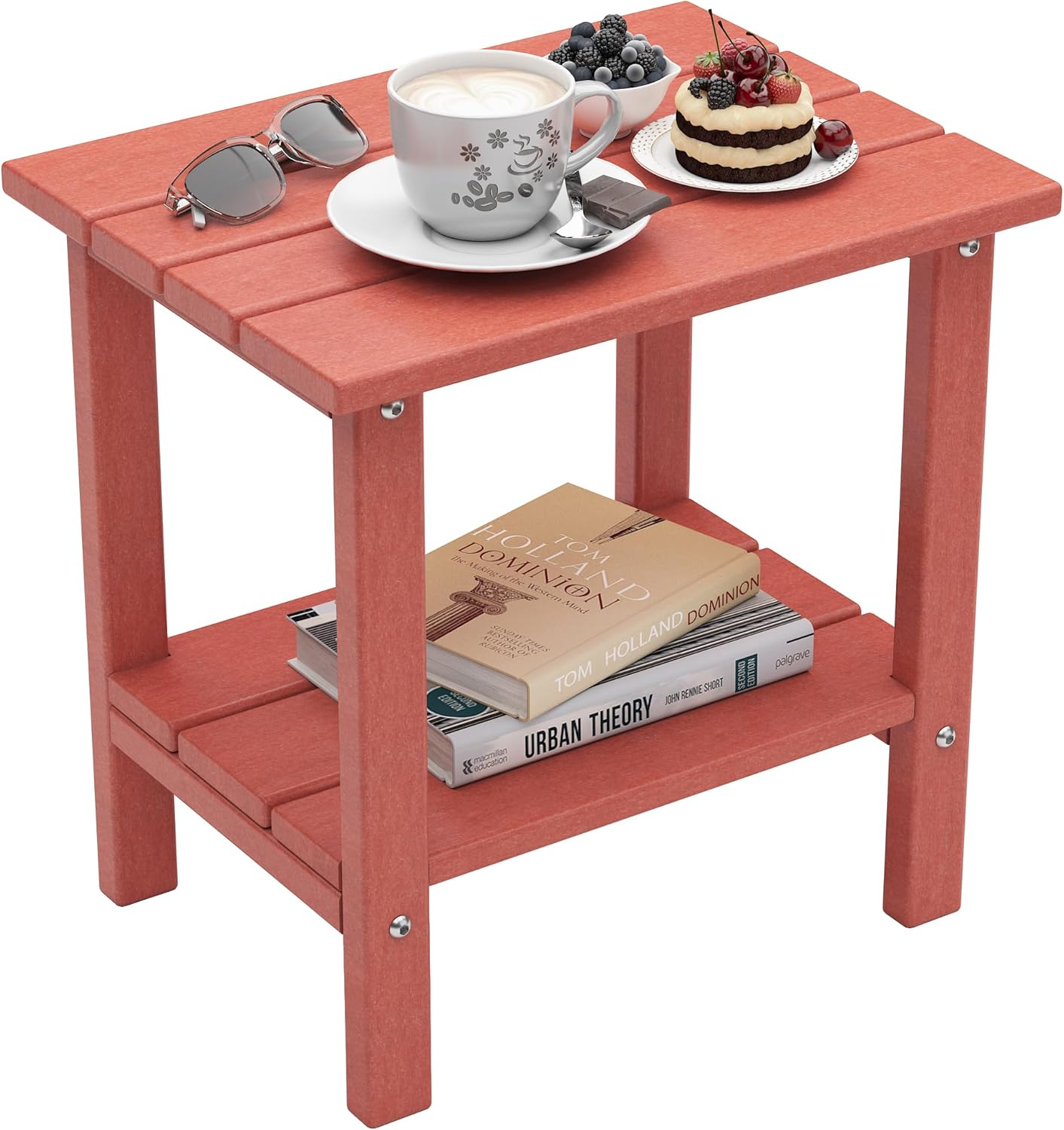 Outdoor Side Table, Weather Resistant HDPE Outdoor Table, 2-Tier Small Patio Tables for Outside or Indoor (Red)