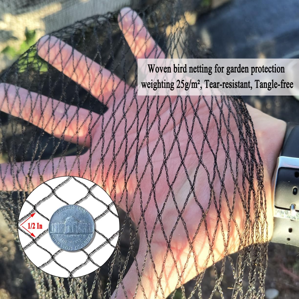 Junflying Bird Netting, 10x10 FT – 1/2" Mesh, Woven Black Netting for Garden Protection with Ties, Protects Vegetables, Fruit Trees, Blueberry Bushes & Strawberry Plants