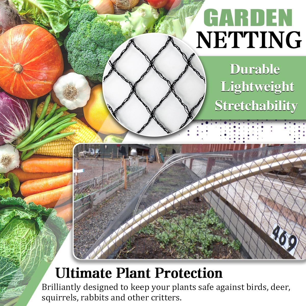 Bird Netting，7.5 x 100 FT Garden Netting Bird Net for Chicken Coop, Poultry Netting Fence for Fruit Trees, Plants and Vegetables Against Birds, Deer, Squirrels and Other Animals