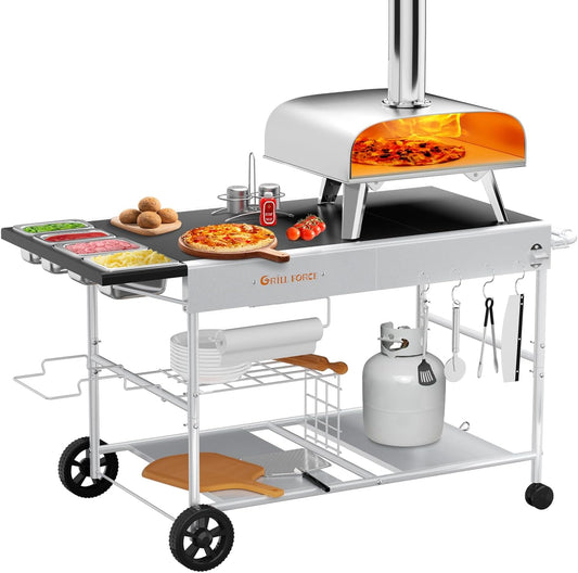 Pizza Oven Table with Topping Station, Outdoor Pizza Oven Cart, Grill Table for Outside, Grill Cart, Food Prep Work cart Fits for Ninja Woodfire Grill, Blackstone Griddle,Tabletop Grill