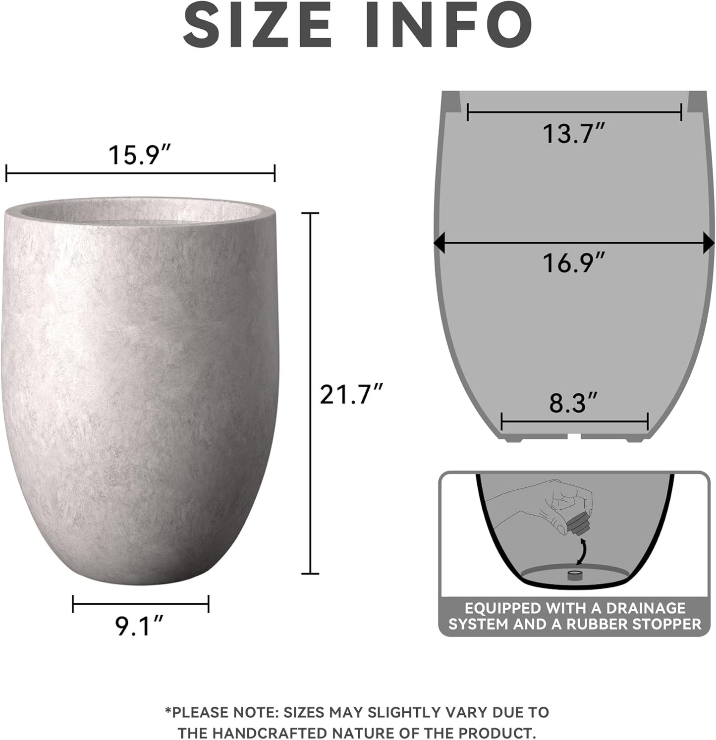 Kante Tall Concrete Planter, 21.7-Inch Height Light Gray Large Indoor Outdoor Plant Pot with Drainage Hole for Patio Garden Home, Modern Decor for Flowers and Tree