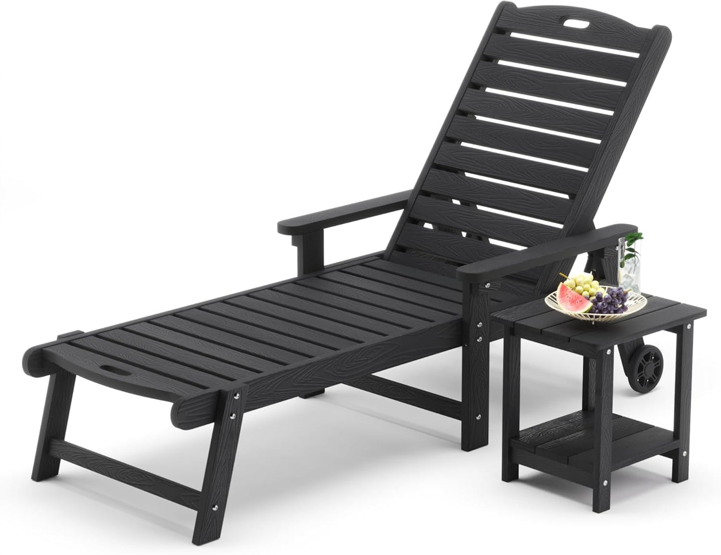 LUE BONA Chaise Lounge Chair with Table, 2-Piece,79'' Oversized HDPS Chaise Lounger, 5 Positions Adjustable Lounge Chairs, Pool Lounge Chair with Wheels for Poolside, Backyard, 3 Year Warranty, Black