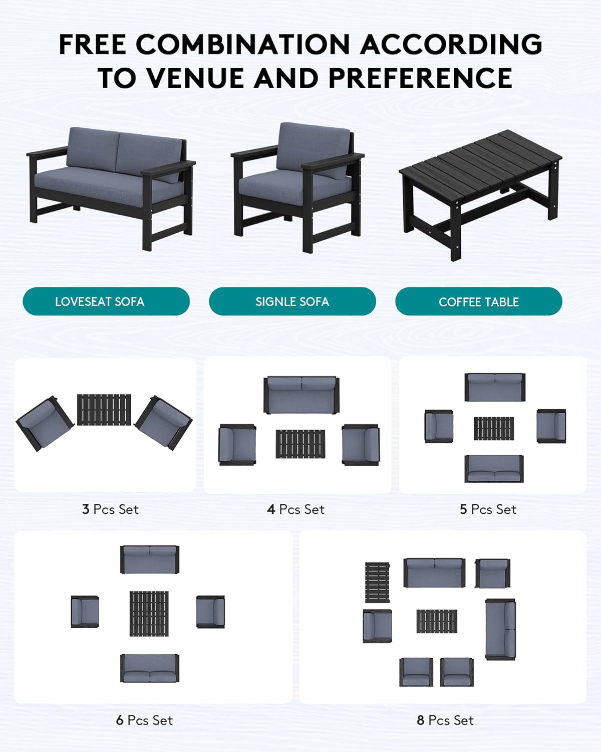 SERWALL 6 Pieces HDPE Outdoor Conversation Sofa Set with Cushions, All Weather Couch Loveseat Furniture with Coffee Table and Cushion, Outdoor Social Sofa Set, Black Frame with Grey Cushions