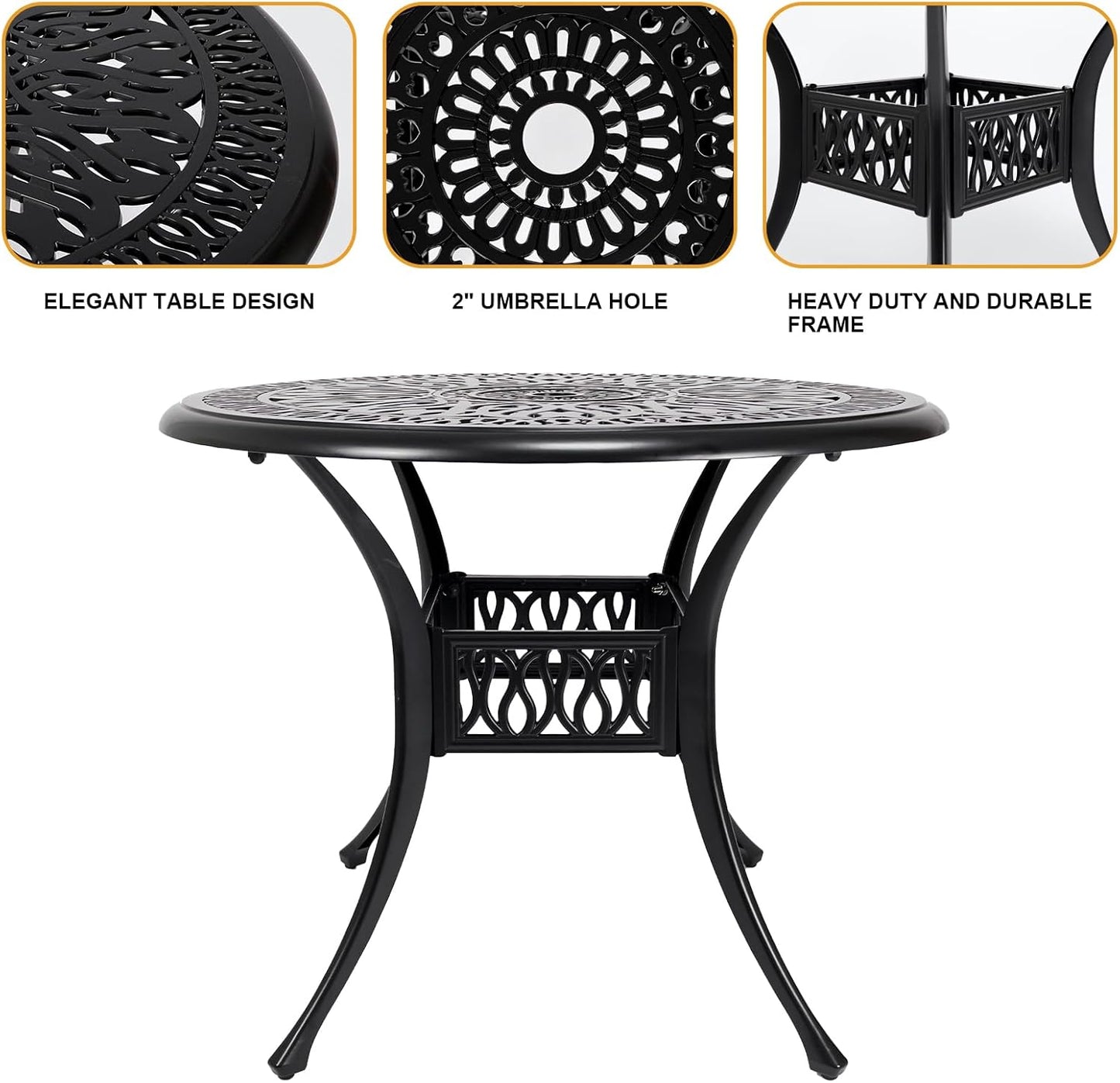 Cast Aluminum Dining Set 5 Piece Outdoor, Patio Conversation Furniture Set, Patio Table and Chairs Set of 4 for Garden Backyard, Black