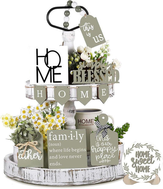 11PCS Farmhouse Tiered Tray Decor Set – Rustic Wooden Mini Signs and Decorations for Home and Kitchen Display (Tiered Tray Not Included)