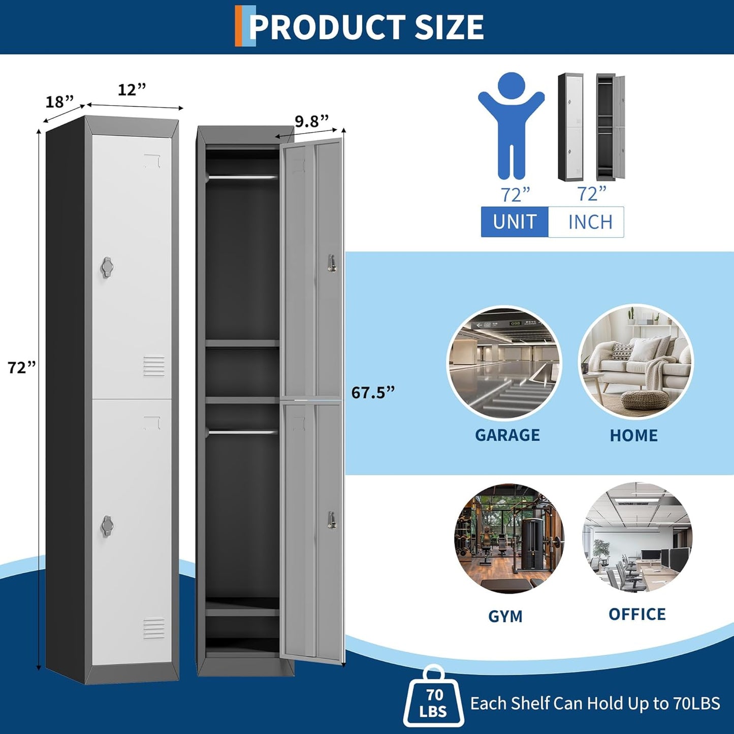 2 Doors Tall Single Metal Locker, Metal Lockers for Employees with Keys, 72” Black Employee Storage Cabinet with Doors, Steel Storage Cabinets Lockable for School, Gym, Home, Office, Mudroom, Black