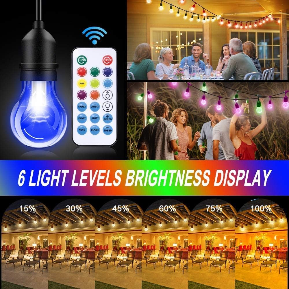 Auroraworld Outdoor Patio Lights Color Changing, 144FT RGB LED String Lights with E26 Shatterproof Edison Bulbs, Dimmable Patio String Lights for Bistro Backyard Garden, 1 Remote Controllers