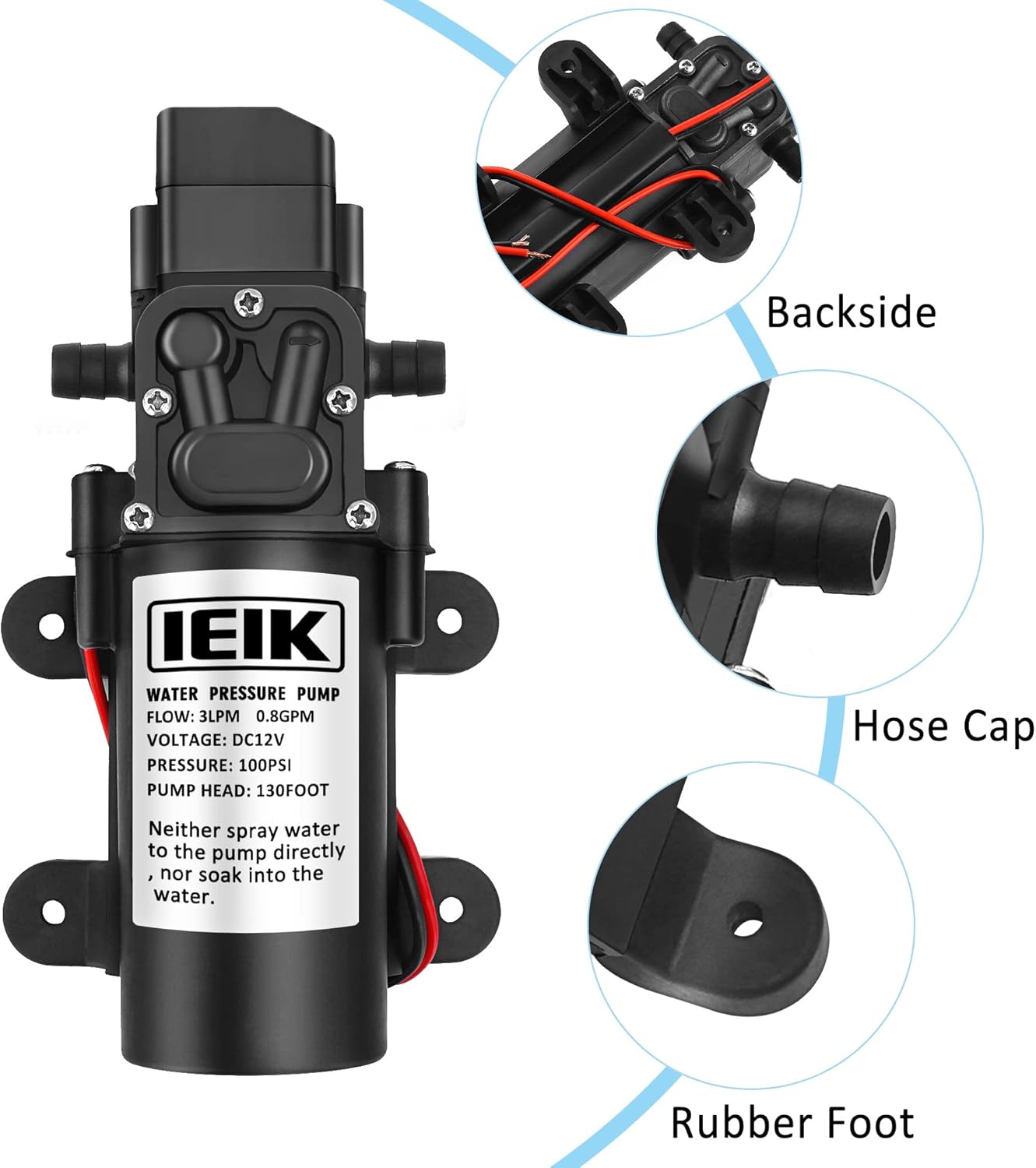 12 Volt Diaphragm Pump 3LPM 0.8 GPM 100PSI Self Priming Sprayer Pump 12V DC Fresh Water Pump Water Pressure Switch for RV Camper Marine Boat Lawn (30W)