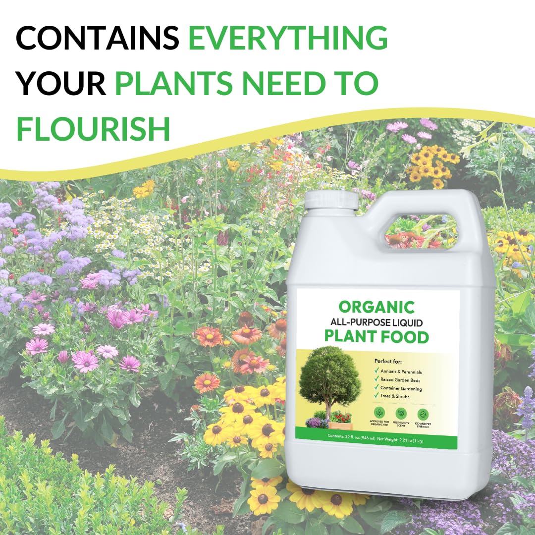 Organic All-Purpose Liquid Plant Food - Use on All Outdoor Plants: Flower Beds, Vegetable Gardens, Container Gardening | Concentrated Liquid Fertilizer Alternative (32oz, Mixes to 32 Gallons)