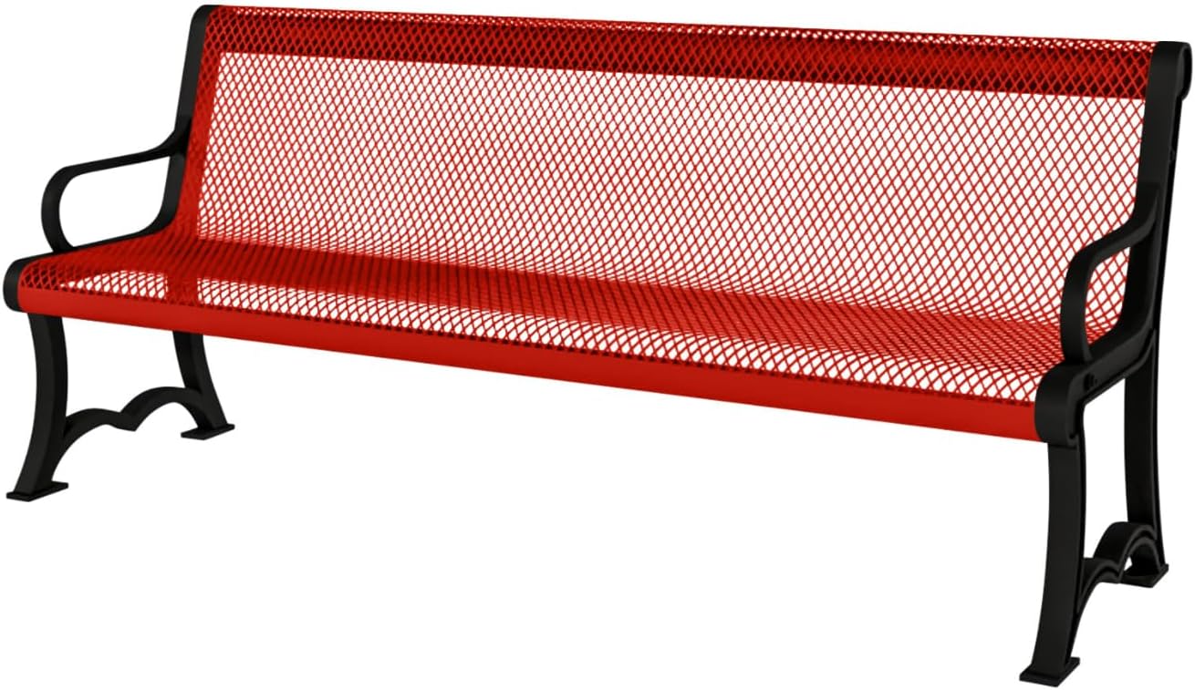 Coated Outdoor Furniture Heavy-Duty Outdoor Bench Thermoplastic Coated, Expanded Metal, Commercial-Grade Garden Bench, Made in America (Portable with Back, 4 Ft, Red)