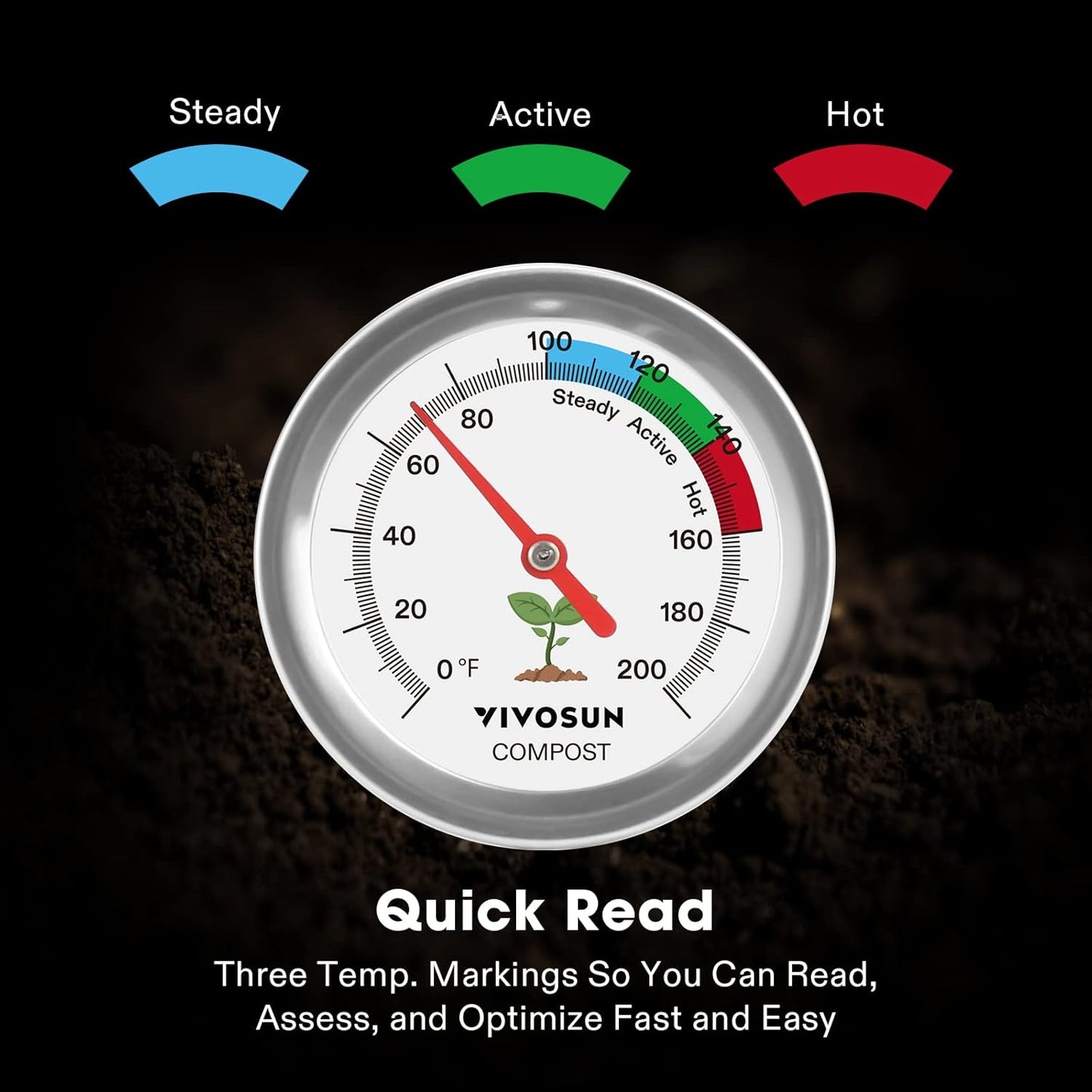 VIVOSUN Compost Thermometer, 20 Inch Backyard Soil Thermometer with Stainless Steel Dial for Composting Bins, Outdoor Gardening and Planting (0-200°F)
