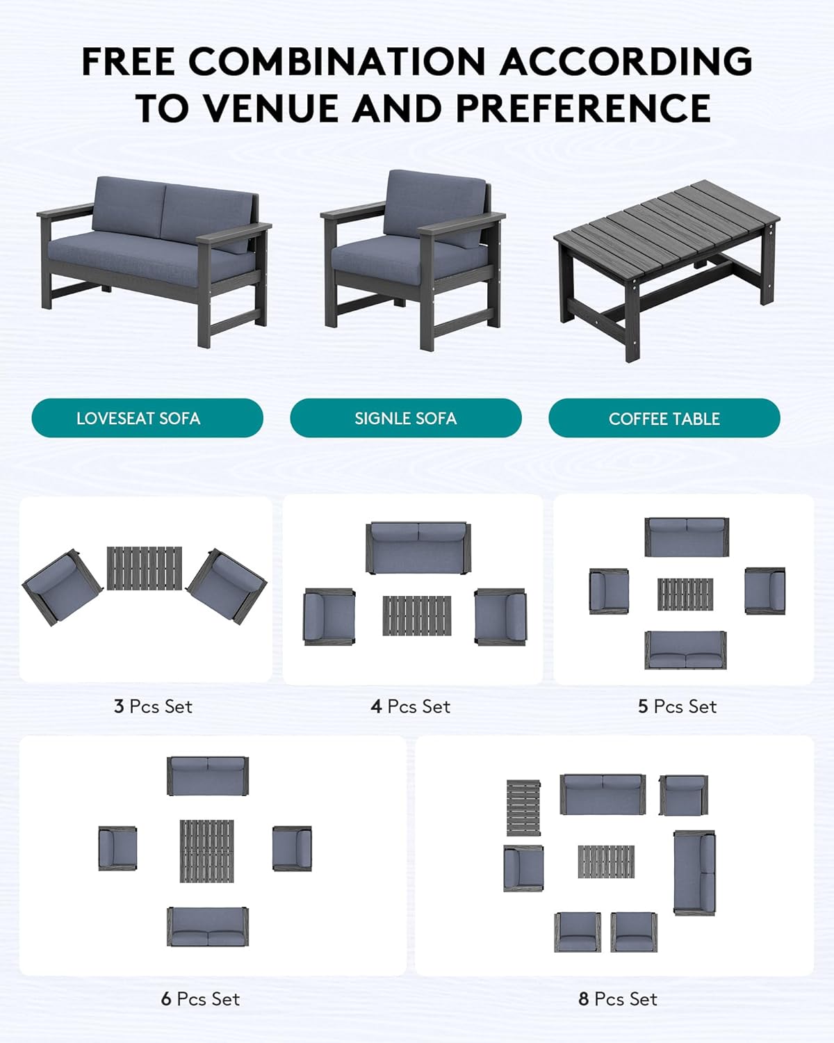 SERWALL HDPE Outdoor Loveseat Couch with Cushions, All Weather Use Outdoor Loveseat Sofa, Grey Frame with Grey Cushions