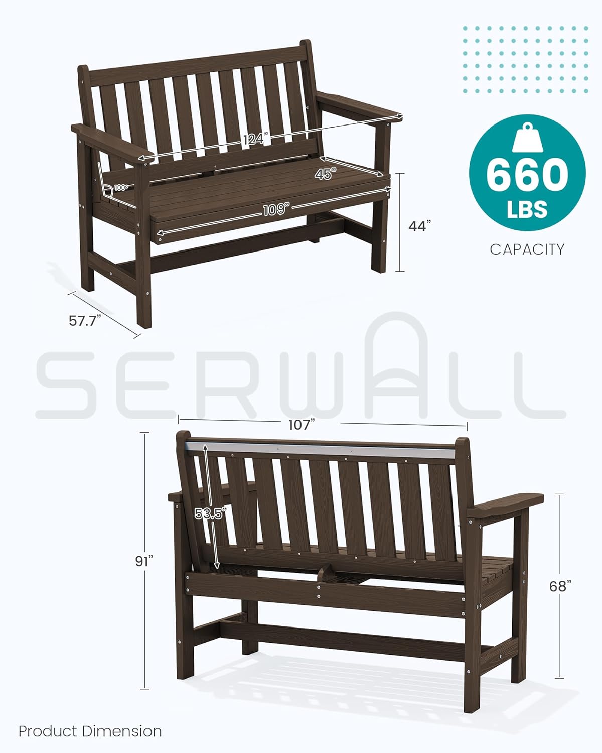 SERWALL Outdoor Bench, HDPE Outdoor Benches Weatherproof, 2-Person Garden Bench with 660 lbs Weight Capacity, Patio Benches for Outdoors, Garden, Porch, Backyard and Park, Coffee, 2 Pack