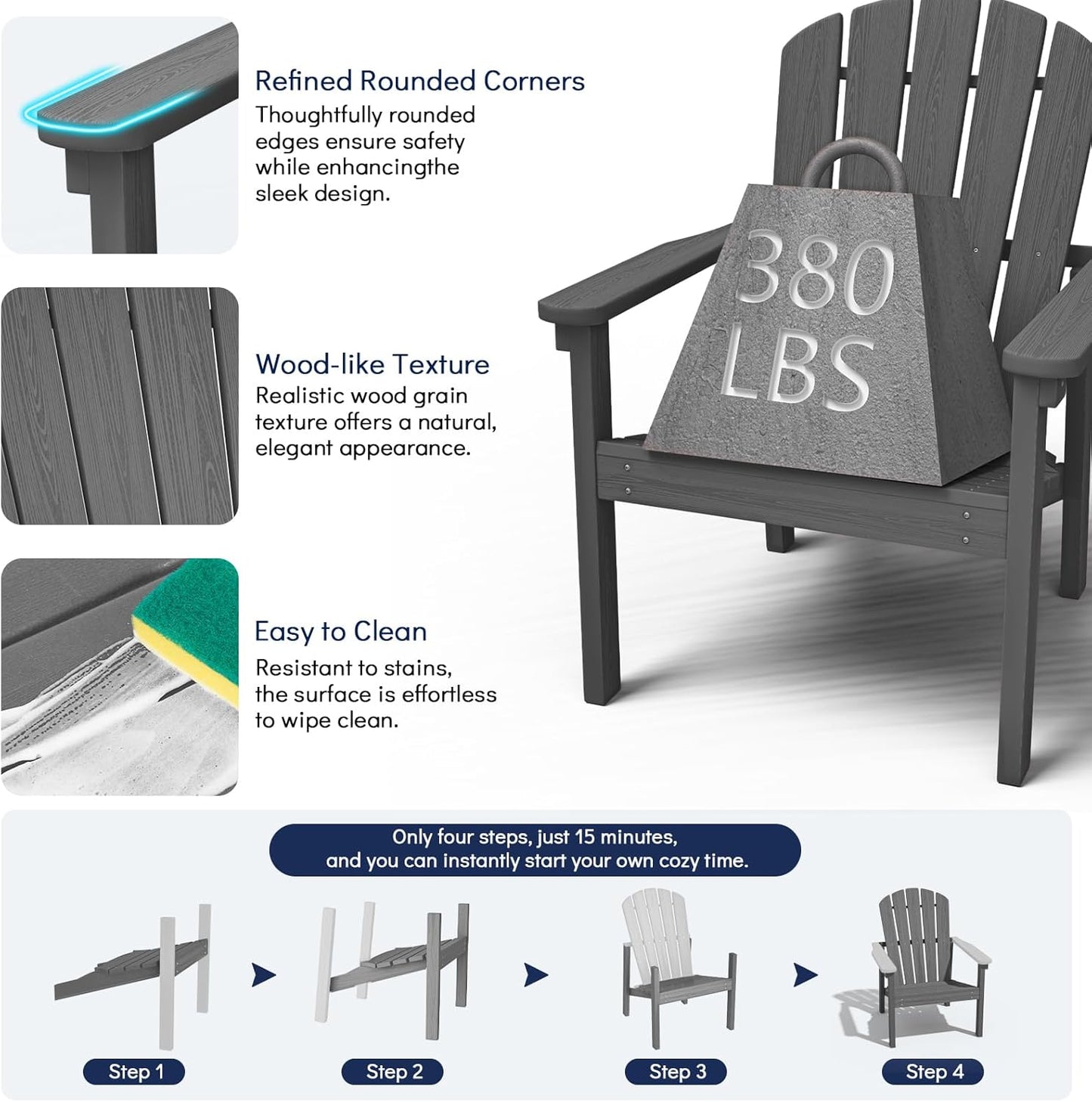 Stackable Adirondack Chair Set of 4, HDPE Outdoor Patio Chair - Durable and Space Saving, Suitable for Porches, Lawns or Garden, Grey