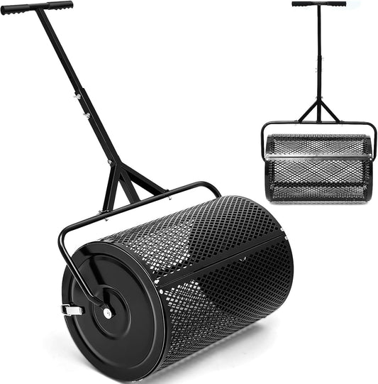 Hiboom 36 Inch Compost Spreader, Peat Moss Spreader, Manure Roller with Adjustable T Shaped Handle, Lightweight Metal Mesh for Lawn Garden Spreading Manure Topsoil (Black)