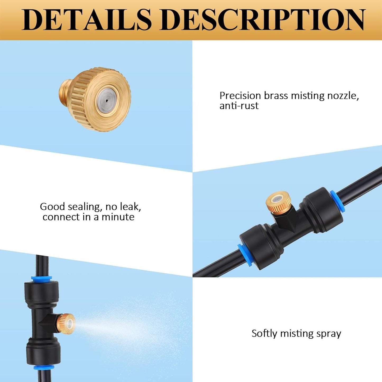 Hotop Brass Misting Nozzles 1/4 Inch Sliding Lock Mister Nozzles Tees with Plugs for Outdoor Cooling System Misting System(20 Pieces)