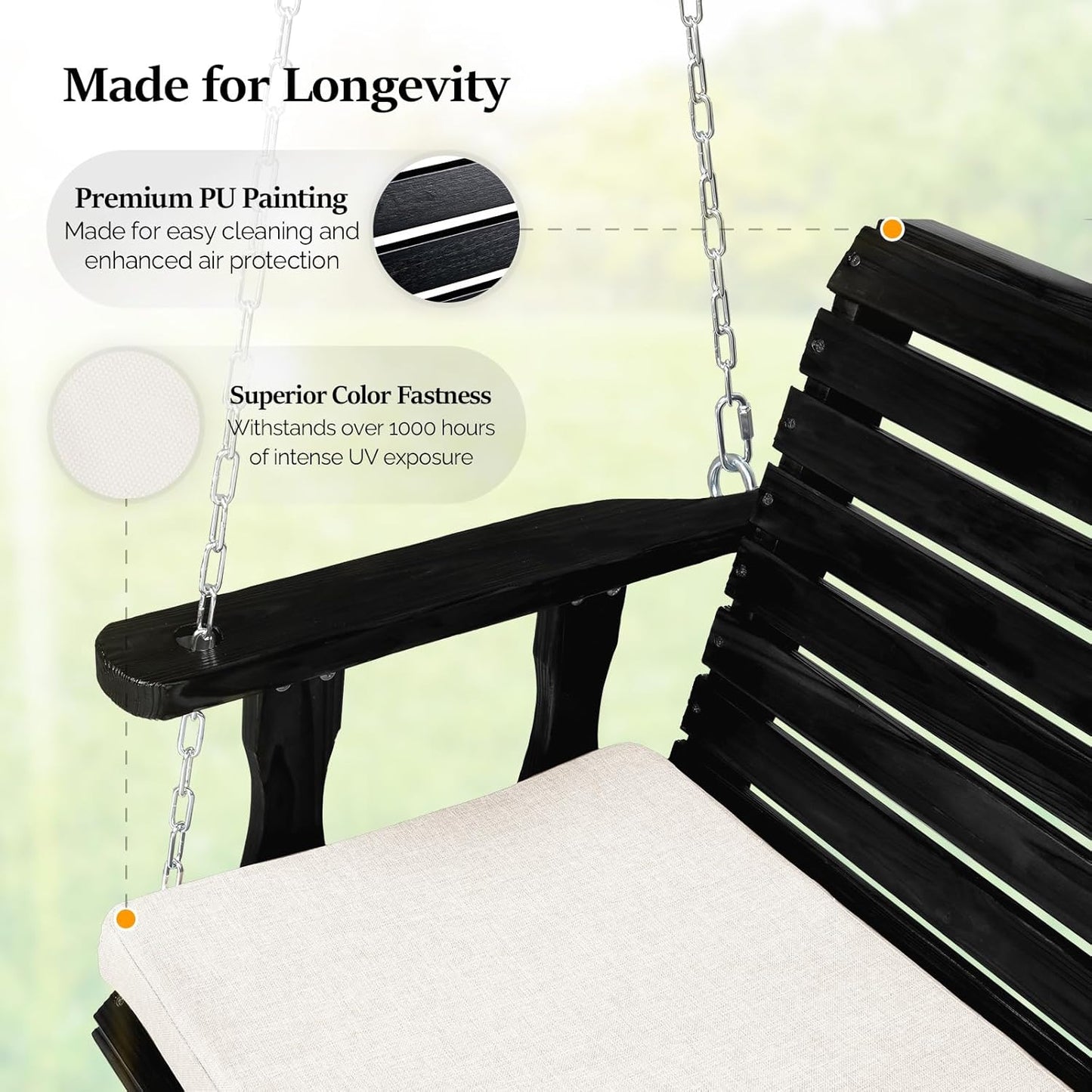 VINGLI Outdoor 4 FT Porch Swing, Heavy Duty 880 LBS Wooden Patio Swings with Cushions, Farmhouse Style Hanging Bench with Adjustable Chains for Yard | Garden | Lawn | Balcony, Black
