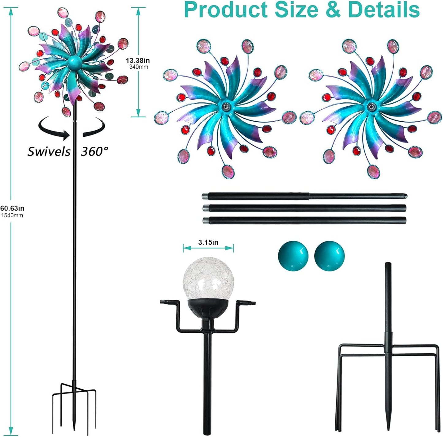 Solar Wind Spinner, 60.63 Inch Outdoor Metal Stake Yard Spinners, Solar Powered Multi-Color LED Glass Ball with Kinetic Wind Sculpture Spinner Windmills for Outdoor Lawn & Garden Decoration