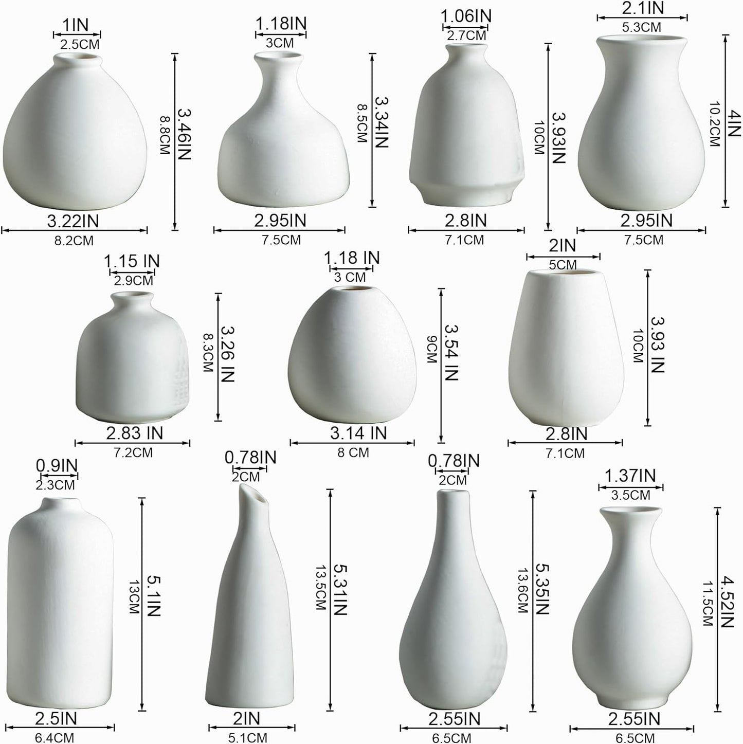 JOJUNO White Bud Vases, Small Ceramic Vase Set of 11, Mini Pottery Vases for Flowers, Decorative Pieces for Home Modern Decor, Boho Decor, Chic Accents for Living Room Dining Table Shelves