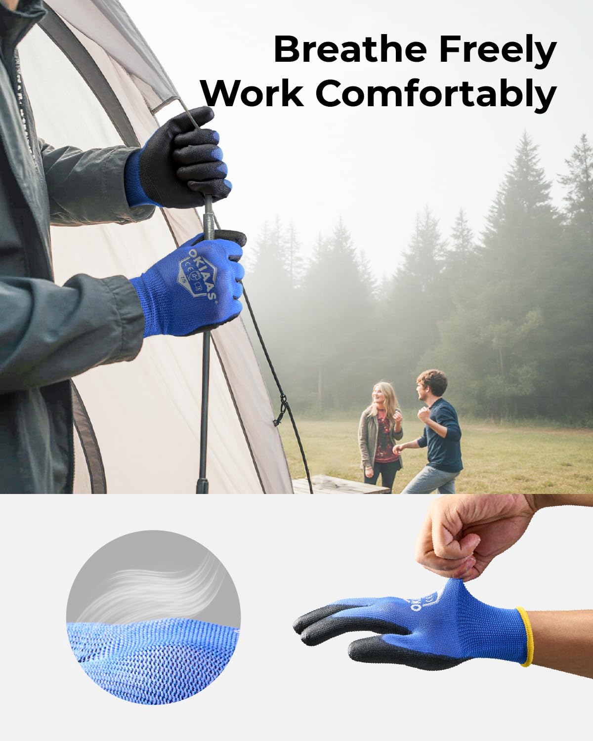OKIAAS Work Gloves for Men，Ultra Thin and Lightweight Working Gloves with Grip, Bulk Case of 60 Pairs Construction Gloves with Polyurethane Coating, Safety Gloves for Light Duty Work (Black, Medium)
