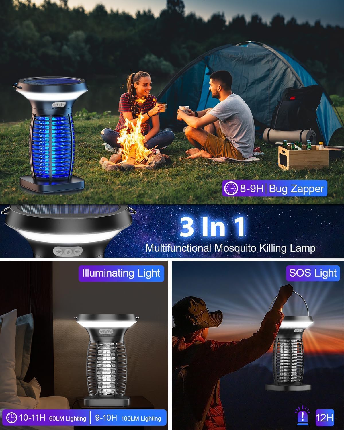 Solar Bug Zapper Outdoor Waterproof, Portable Pest Control Electric Mosquito Zapper Killer with Panel Sensor, Rechargeable Insect Trap Fly Zapper for Home, Patio, Backyard, Camping