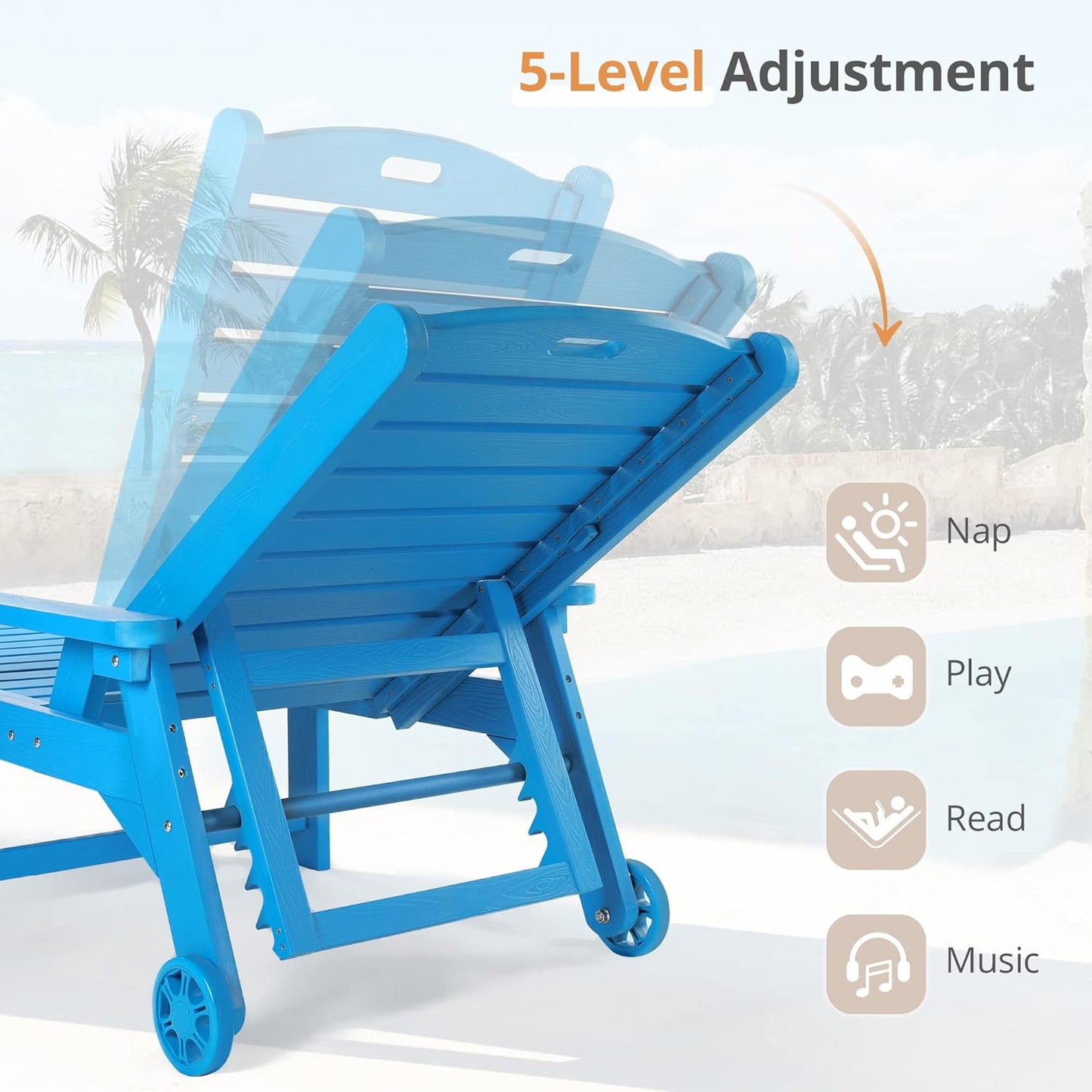 LUE BONA Chaise Lounge Chair with Table, 2-Piece, 79'' Oversized HDPS Chaise Lounger, 5 Positions Adjustable Lounge Chairs, Pool Lounge Chair with Wheels for Poolside, Backyard, 3 Year Warranty, Blue