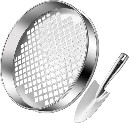 Soil Sifter for Gardening, Soil Sifter and Shovel Set, 11.8'' Stainless Steel Sand Sifter for Gardening, Dirt Sifter Strainer for Sand Rocks Dirt Seed Compost