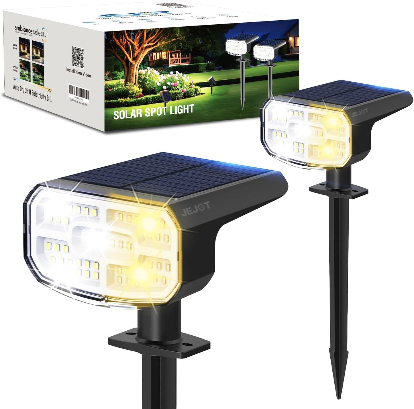 Solar Lights Outdoor Waterproof IP65, Super Bright LED, 2CCT 4 Lighting Modes 3000K/6500K Selectable, Solar Powered Yard Garden Solar Spot Lights for Outside Landscape Auto On/Off -2 Pack