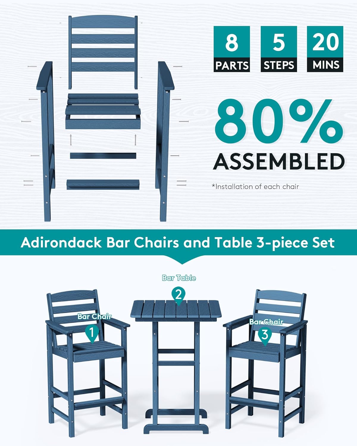 SERWALL 4 Pieces Outdoor Patio Bar Set with 9ft Umbrella, Outdoor HDPE Barstool and Table Furniture Set with Patio Umbrella, Blue