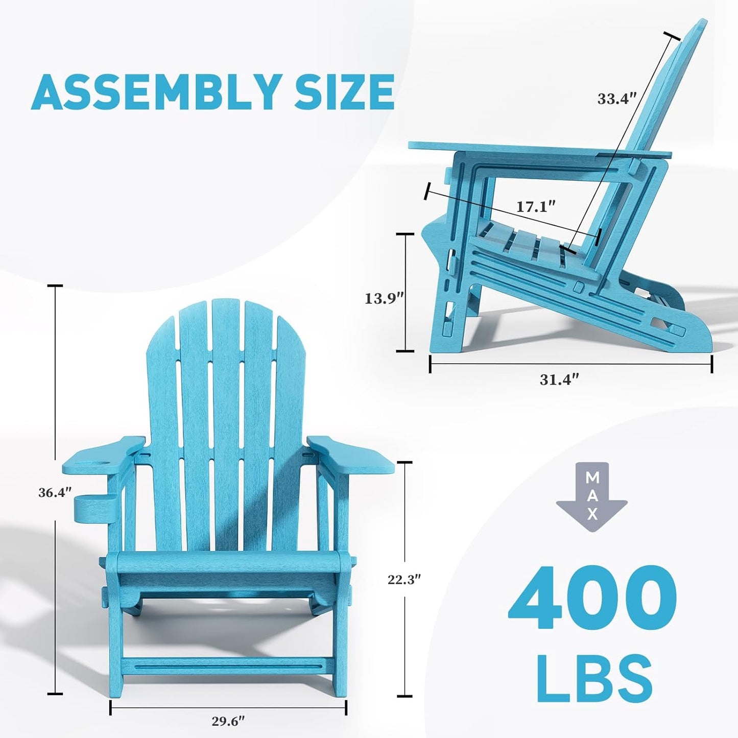 Adirondack Chairs Set of 4, Tool-Free Assembly All-Weather Plastic Adirondack Chairs, HDPE Fire Pit Chairs with Cup Holder, Outdoor Chair for Patio Garden（Lake Blue）