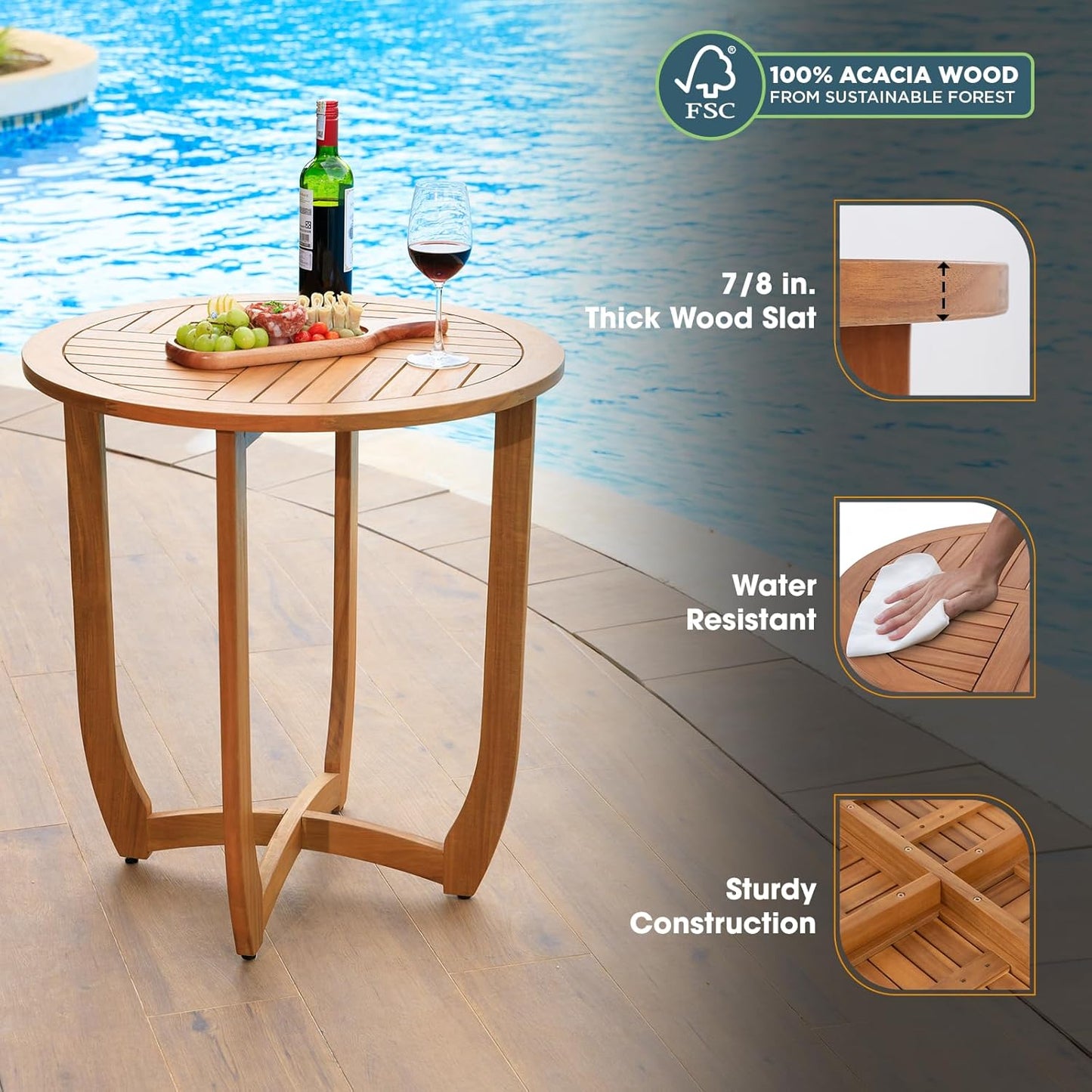 IDZO Outdoor Bistro Dining Table Heavy Duty 270lbs Capacity, FSC Acacia Wood, Elegant & Minimalist Design for Garden, Backyard, Porch, Patio