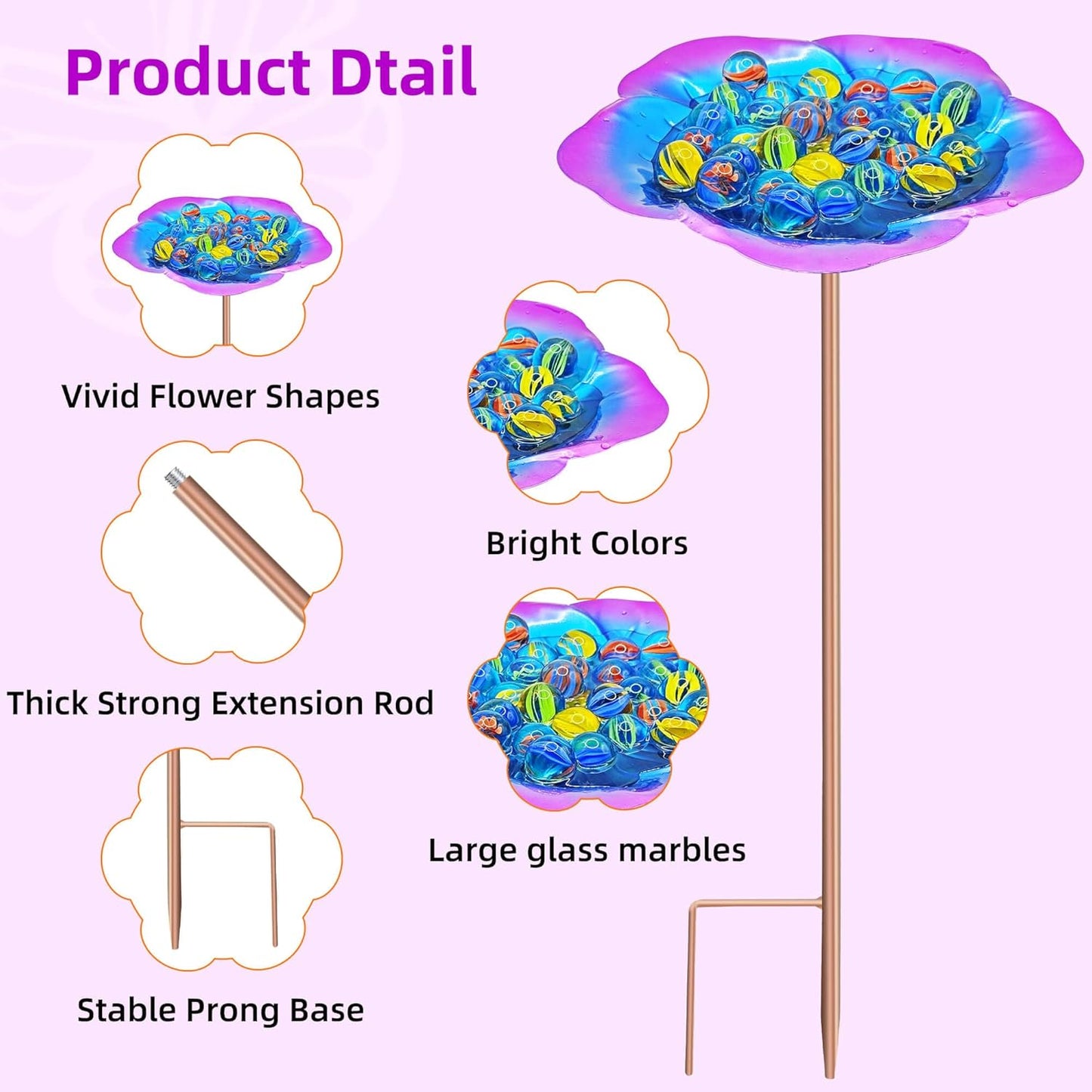 Bee Watering Station-Golden Purple Puddler Bee Bath & Feeder with Metal Stakes - 30 Glass Marbles, Vivid Flower Design, Garden Yard Decor (Purple-1PACK)