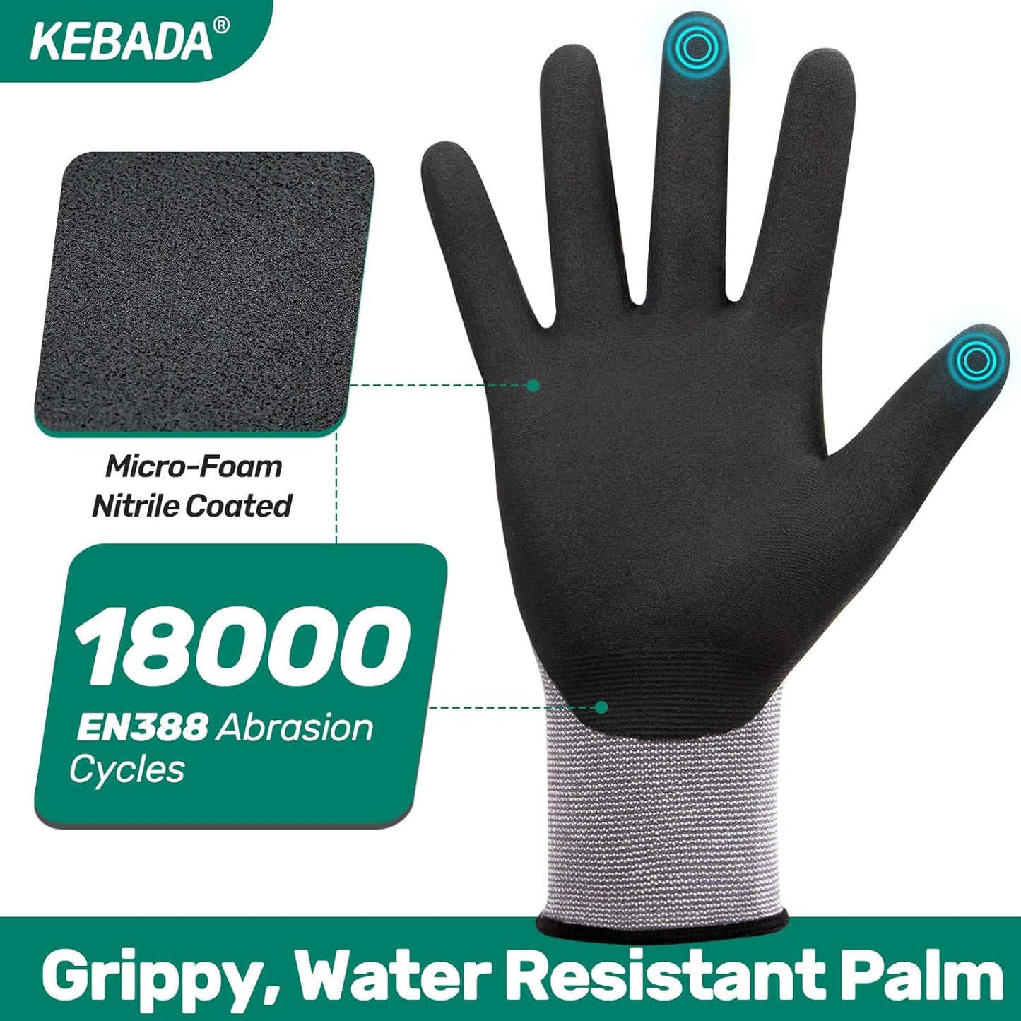 Kebada W2 Work Gloves for Men and Women, Nitrile Coated Working Gloves for Gardening, Construction, Warehouse, Safety Gloves for Work in Yard and Outdoors, 6 Pairs, XL