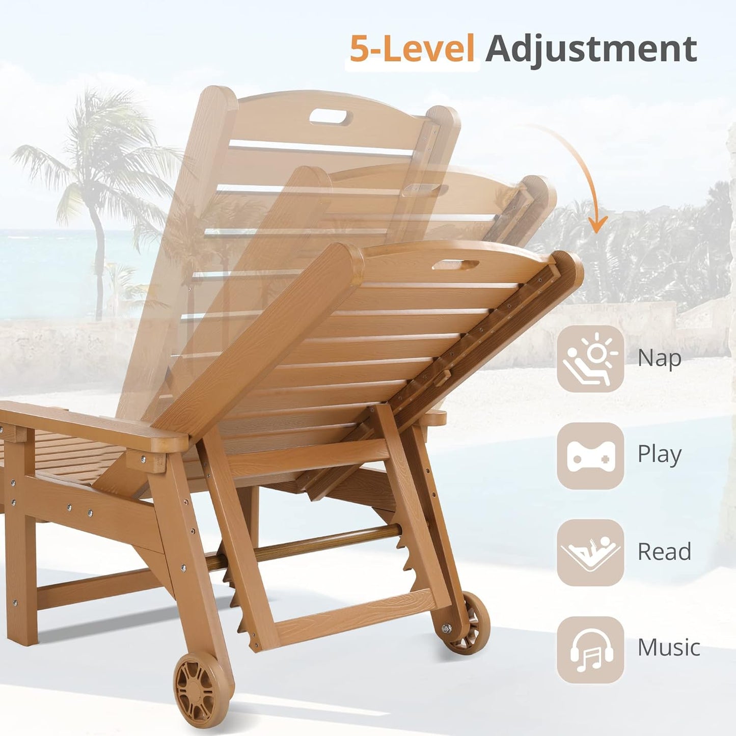 LUE BONA Chaise Lounge Chairs Set with Table, 3-Piece, HDPS Chaise Lounger, 5 Positions Adjustable Lounge Chairs, Pool Lounge Chair with Wheels for Poolside, 3 Year Warranty, Teak Color